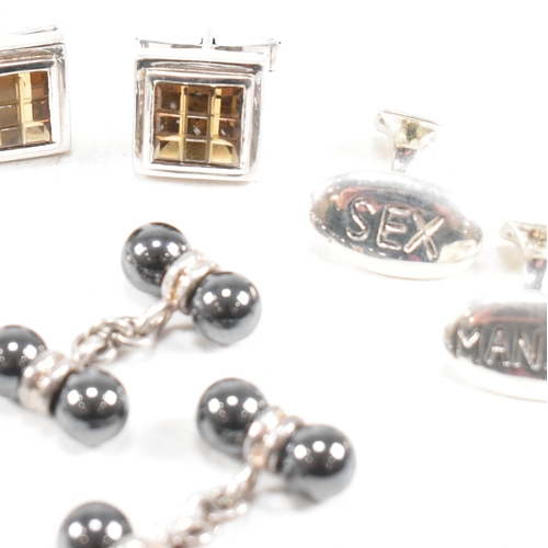 340 - A selection of 925 silver and gem set cufflinks. To include 'Sex Maniac', hematite, quartz . Marked ... 