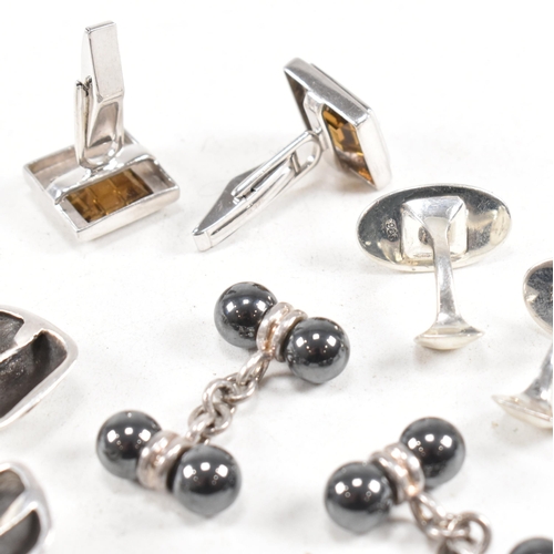 340 - A selection of 925 silver and gem set cufflinks. To include 'Sex Maniac', hematite, quartz . Marked ... 