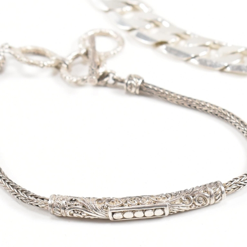 345 - Two 925 silver bracelets. A chunky curb link chain with a lobster claw clasp marked 925, 25cm.  A pa... 