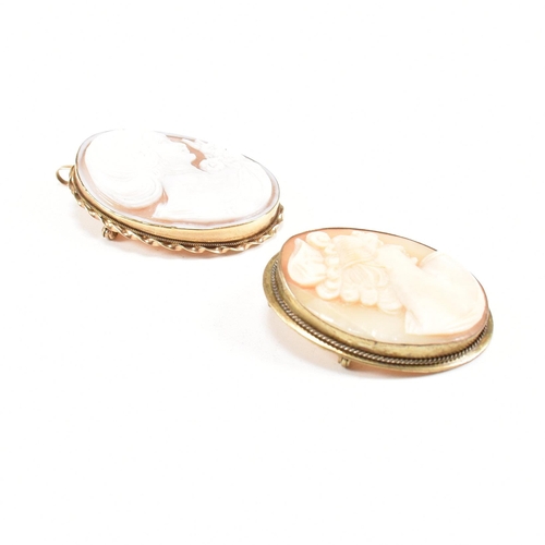 349 - Two cameo brooch pins. A hallmarked 9ct gold pendant cameo brooch pin of a maiden. Stamped 9ct. Toge... 