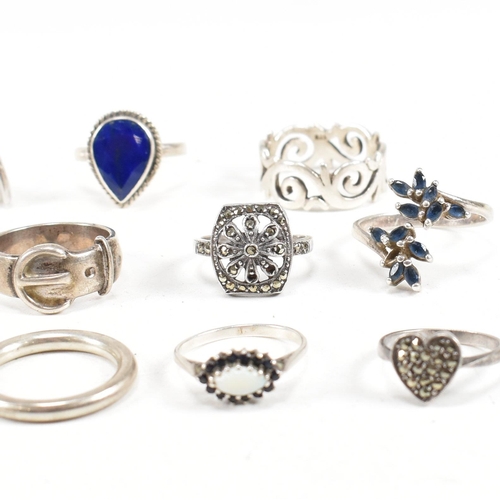 354 - A collection of 925 silver and gem set rings.The rings to include sapphire, lapis lazuli, marcasite,... 