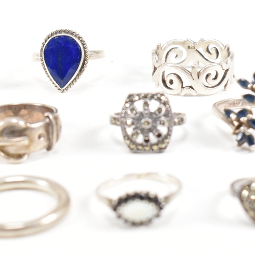 354 - A collection of 925 silver and gem set rings.The rings to include sapphire, lapis lazuli, marcasite,... 