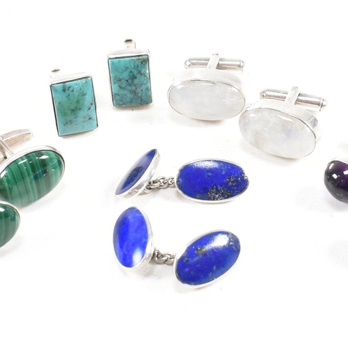 358 - A selection of 925 silver and gem set cufflinks. To include malachite, amethyst, lapis lazuli, moons... 