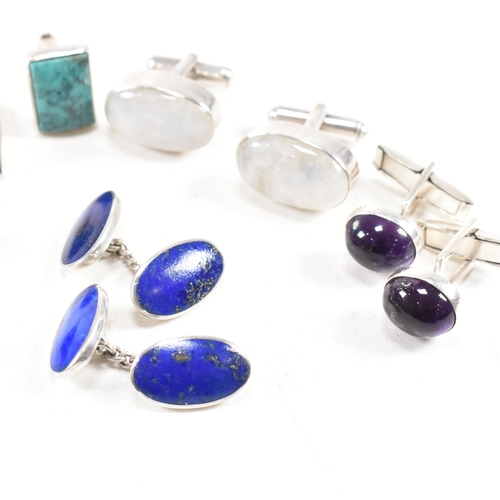 358 - A selection of 925 silver and gem set cufflinks. To include malachite, amethyst, lapis lazuli, moons... 