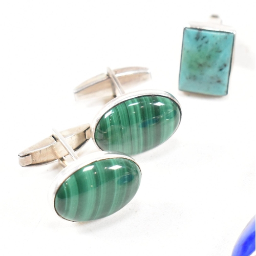 358 - A selection of 925 silver and gem set cufflinks. To include malachite, amethyst, lapis lazuli, moons... 