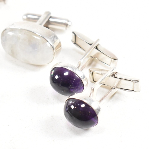 358 - A selection of 925 silver and gem set cufflinks. To include malachite, amethyst, lapis lazuli, moons... 