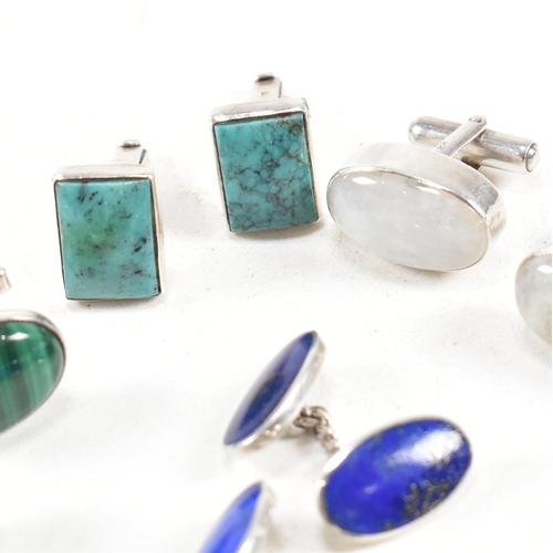 358 - A selection of 925 silver and gem set cufflinks. To include malachite, amethyst, lapis lazuli, moons... 