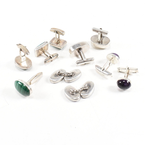 358 - A selection of 925 silver and gem set cufflinks. To include malachite, amethyst, lapis lazuli, moons... 