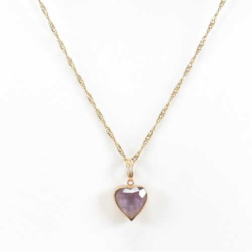 361 - A hallmarked 9ct gold pendant necklace. The necklace strung with an amethyst heart pendant on a fine... 