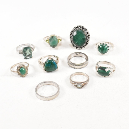 363 - A collection of 925 silver and gem set rings. The rings to include malachite, emerald, paste, CZ, Pe... 