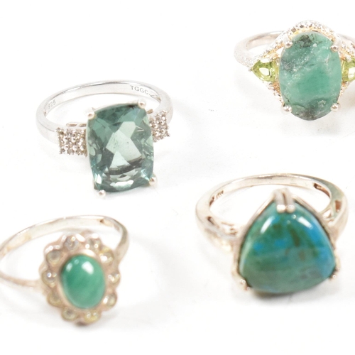 363 - A collection of 925 silver and gem set rings. The rings to include malachite, emerald, paste, CZ, Pe... 