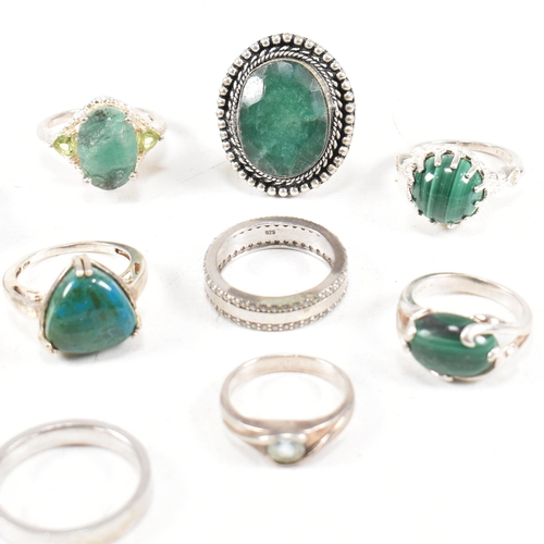 363 - A collection of 925 silver and gem set rings. The rings to include malachite, emerald, paste, CZ, Pe... 