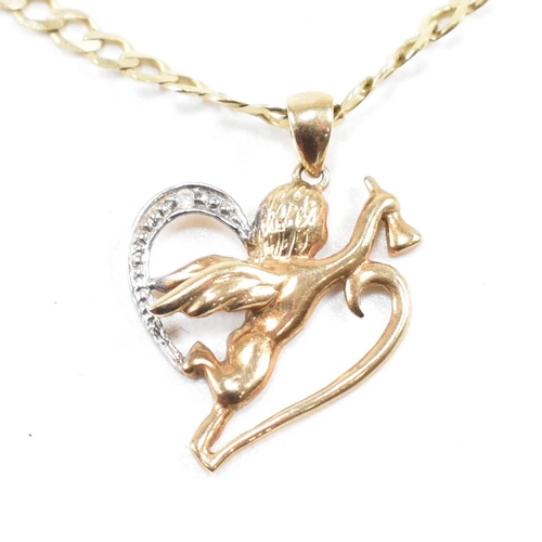 365 - A hallmarked 9ct gold pendant necklace. The necklace strung with a heart and cherub pendant on a cur... 