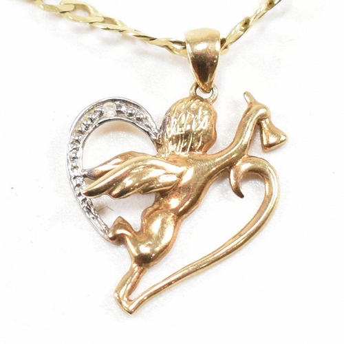 365 - A hallmarked 9ct gold pendant necklace. The necklace strung with a heart and cherub pendant on a cur... 