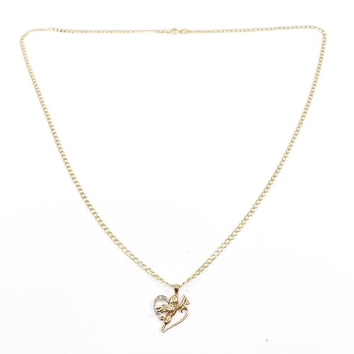 365 - A hallmarked 9ct gold pendant necklace. The necklace strung with a heart and cherub pendant on a cur... 