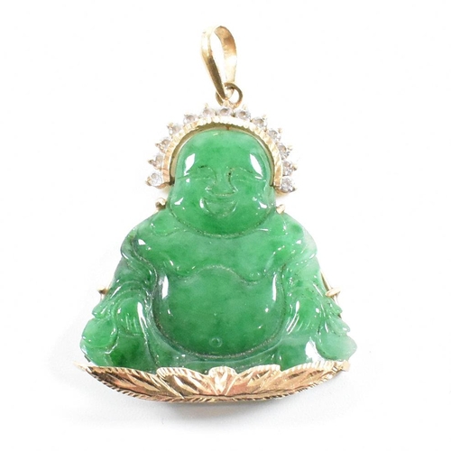 370 - An gold mounted jade happy Buddha pendant.  Marks worn tests indicate 18ct gold. Weight 9.2g. Measur... 