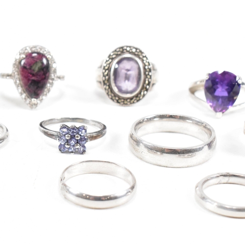 382 - A collection of 925 silver and gem set rings.The rings to include amethyst quartz, CZ, marcasite ban... 