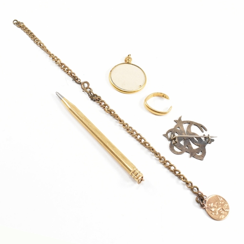 383 - A collection of yellow and white metal items. The items to include a pencil marked 18ct gf. A part 2... 