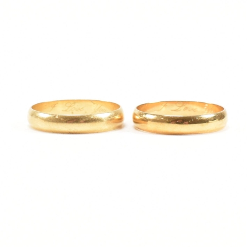 385 - A pair of hallmarked 18 ct gold band rings. The ring hallmarked Birmingham. Inscribed i Love You. We... 