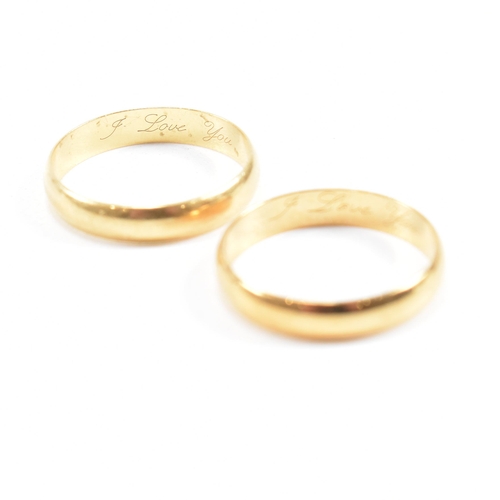 385 - A pair of hallmarked 18 ct gold band rings. The ring hallmarked Birmingham. Inscribed i Love You. We... 