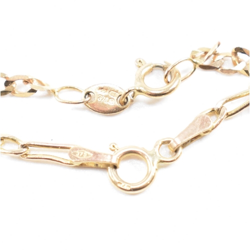 388 - Three 9ct gold chain bracelets. A bracelet strung with a bar marked 375, a hallmarked curb link brac... 