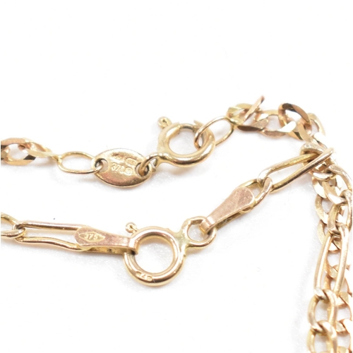 388 - Three 9ct gold chain bracelets. A bracelet strung with a bar marked 375, a hallmarked curb link brac... 