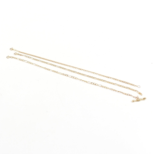 388 - Three 9ct gold chain bracelets. A bracelet strung with a bar marked 375, a hallmarked curb link brac... 