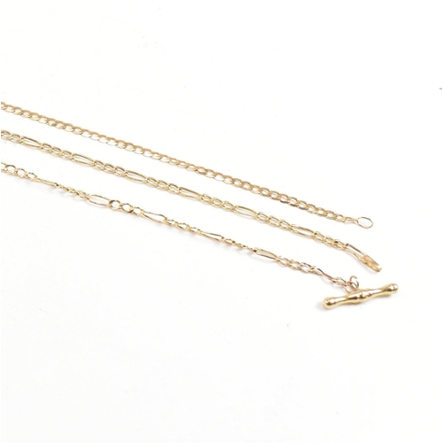 388 - Three 9ct gold chain bracelets. A bracelet strung with a bar marked 375, a hallmarked curb link brac... 