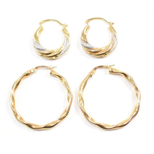 389 - Two pairs of 9ct gold earrings.  A pair of large twisted hoop earrings marked 375, 2.8cm. A pair of ... 