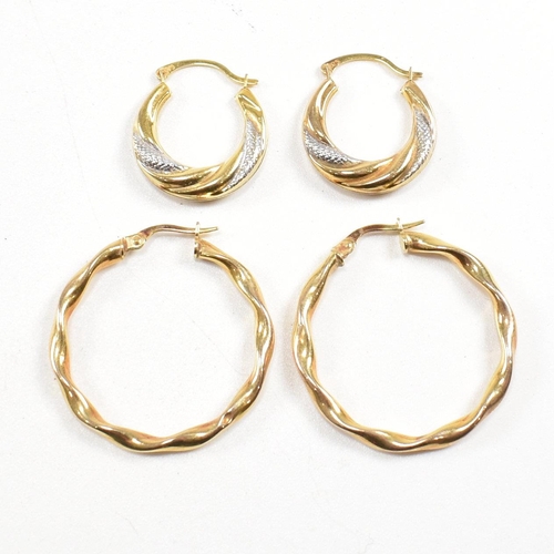 389 - Two pairs of 9ct gold earrings.  A pair of large twisted hoop earrings marked 375, 2.8cm. A pair of ... 