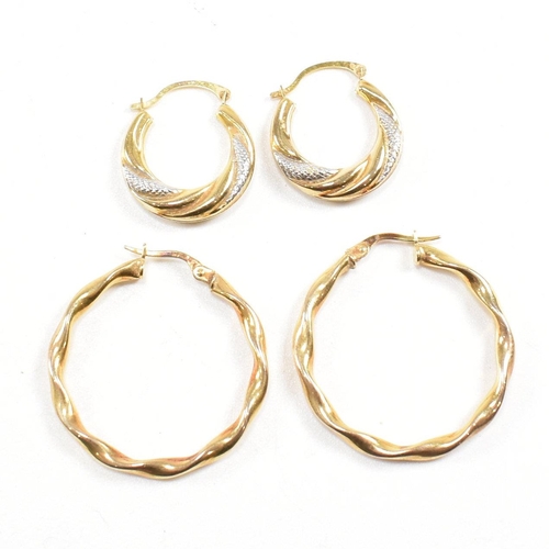 389 - Two pairs of 9ct gold earrings.  A pair of large twisted hoop earrings marked 375, 2.8cm. A pair of ... 