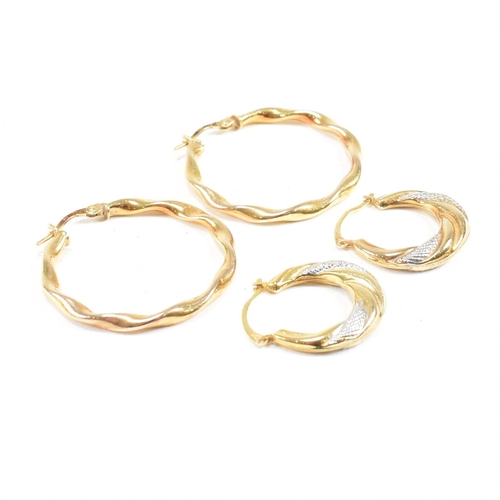 389 - Two pairs of 9ct gold earrings.  A pair of large twisted hoop earrings marked 375, 2.8cm. A pair of ... 