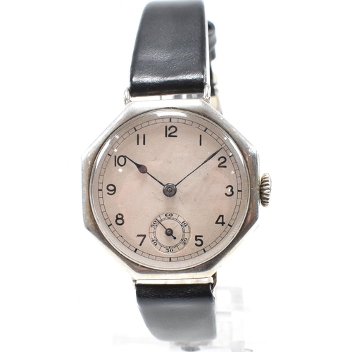 39 - Rolex - An early 20th century manual wind  octagonal shaped silver gents wrist watch. The case stamp... 