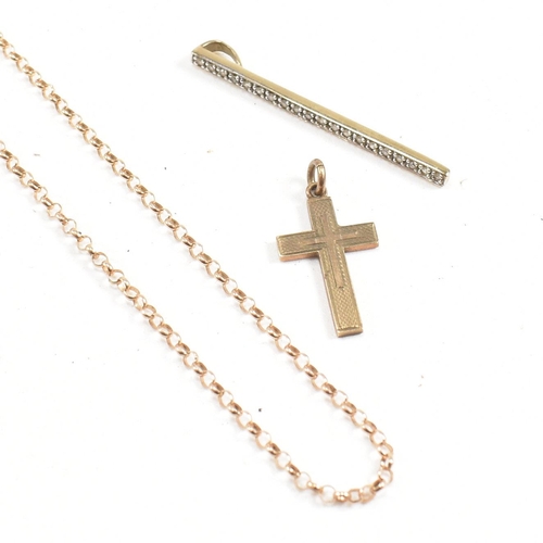 393 - A hallmarked 9ct gold chain and two pendants. The chain hallmarked 9ct rose gold. The pendants inclu... 