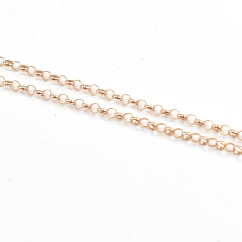 393 - A hallmarked 9ct gold chain and two pendants. The chain hallmarked 9ct rose gold. The pendants inclu... 