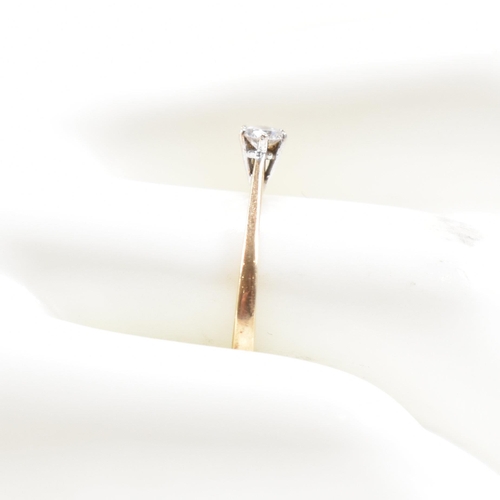 395 - A hallmarked 9ct gold and CZ solitaire ring. The ring hallmarked London. Weight 1.2g. Size O. All we... 