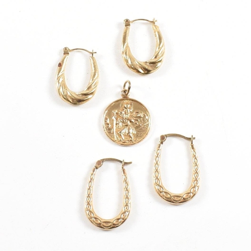 414 - A hallmarked 9ct gold St Christopher pendant and two pairs of gold creole earrings marked 375. Weigh... 