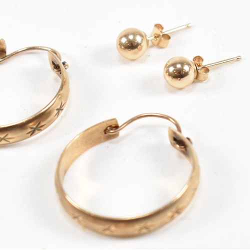 425 - Three pairs of 9ct gold earrings. The earrings to include a large pair of tube hoop earrings, 3cm, m... 