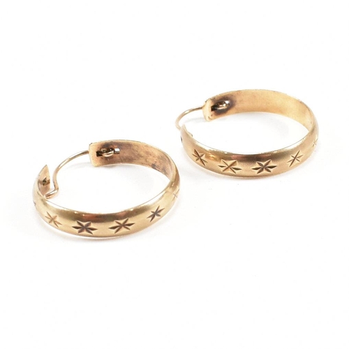 425 - Three pairs of 9ct gold earrings. The earrings to include a large pair of tube hoop earrings, 3cm, m... 