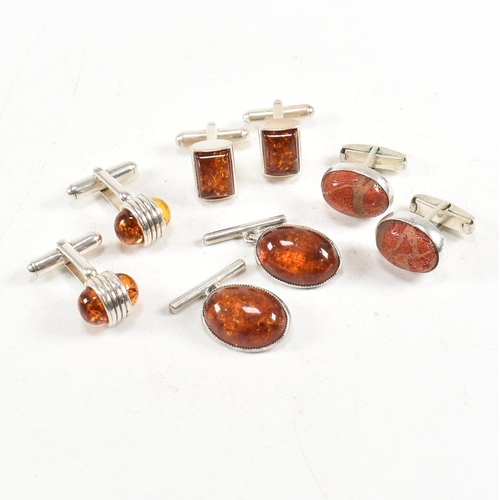 428 - A selection of 925 silver and gem set cufflinks. To include amber and coral. Marked 925, hallmarked ... 