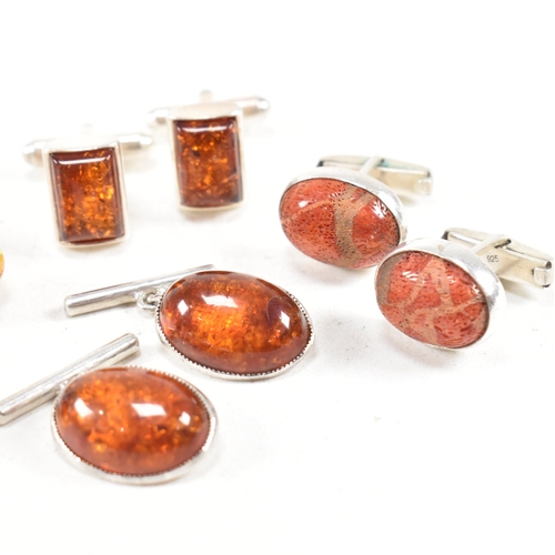 428 - A selection of 925 silver and gem set cufflinks. To include amber and coral. Marked 925, hallmarked ... 