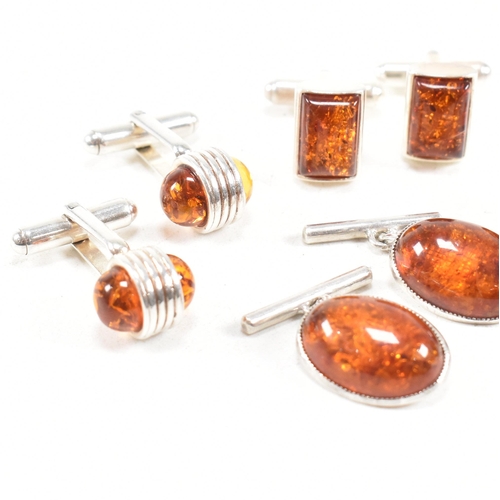 428 - A selection of 925 silver and gem set cufflinks. To include amber and coral. Marked 925, hallmarked ... 