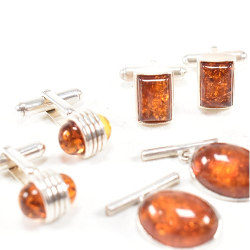 428 - A selection of 925 silver and gem set cufflinks. To include amber and coral. Marked 925, hallmarked ... 