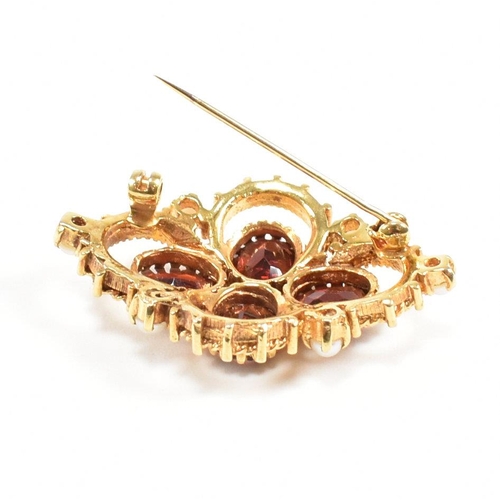 431 - Hallmarked 9ct gold garnet and pearl brooch pin. The brooch set with three oval cut garnet having ac... 