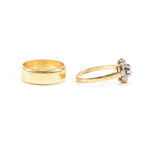 443 - A hallmarked 18ct gold band ring and a hallmarked 9ct gold ruby and diamond cluster ring. Weight 18c... 