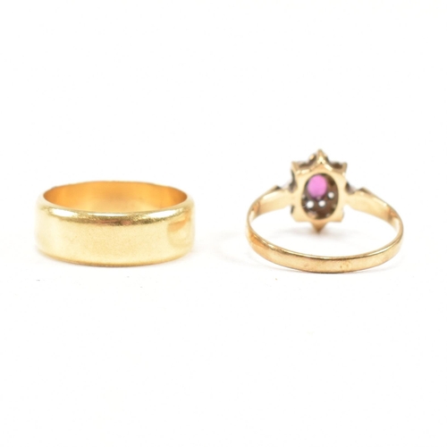 443 - A hallmarked 18ct gold band ring and a hallmarked 9ct gold ruby and diamond cluster ring. Weight 18c... 