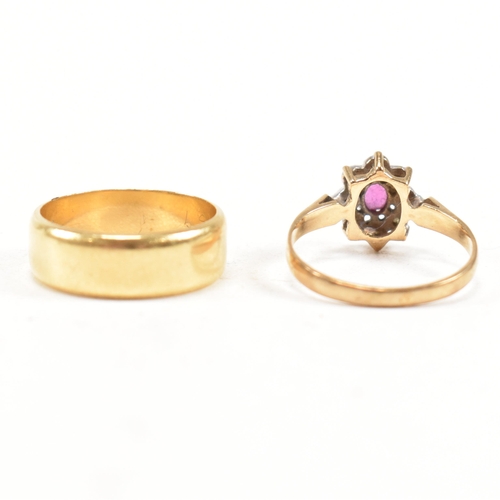 443 - A hallmarked 18ct gold band ring and a hallmarked 9ct gold ruby and diamond cluster ring. Weight 18c... 