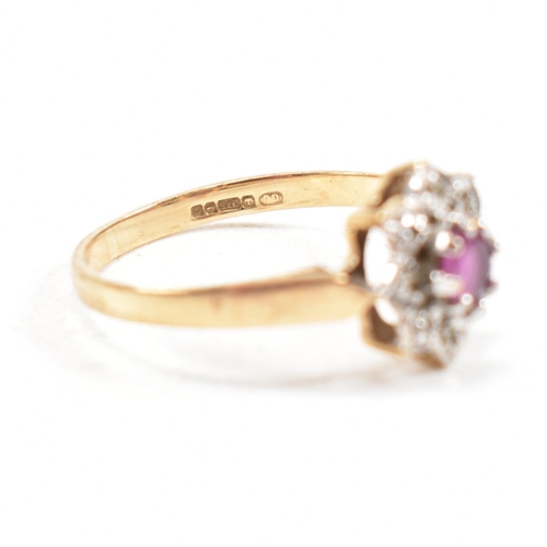 443 - A hallmarked 18ct gold band ring and a hallmarked 9ct gold ruby and diamond cluster ring. Weight 18c... 