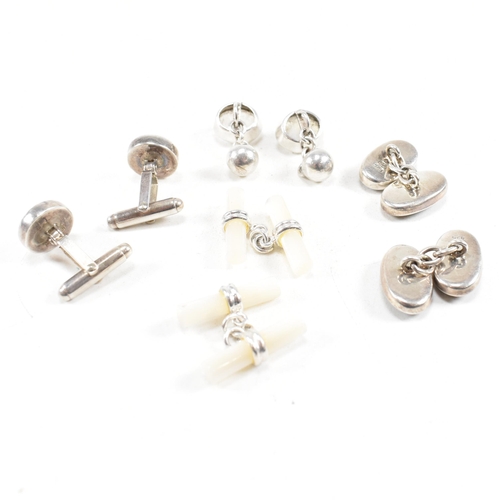 447 - A selection of 925 silver and gem set cufflinks. To include mother of pearl and moonstone. Marked 92... 