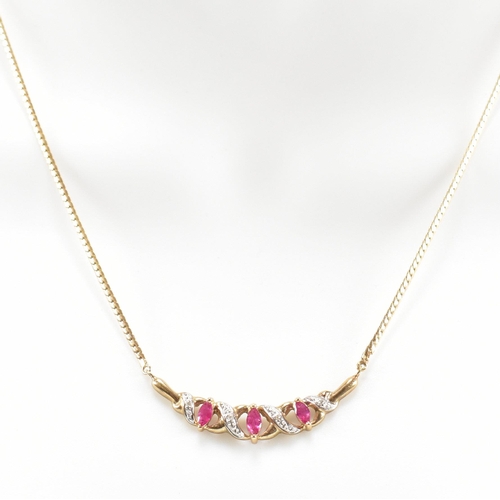 458 - A hallmarked 9ct gold ruby and diamond pendant necklace. Weight 6.4g. Measures 43cm. All weights, me... 